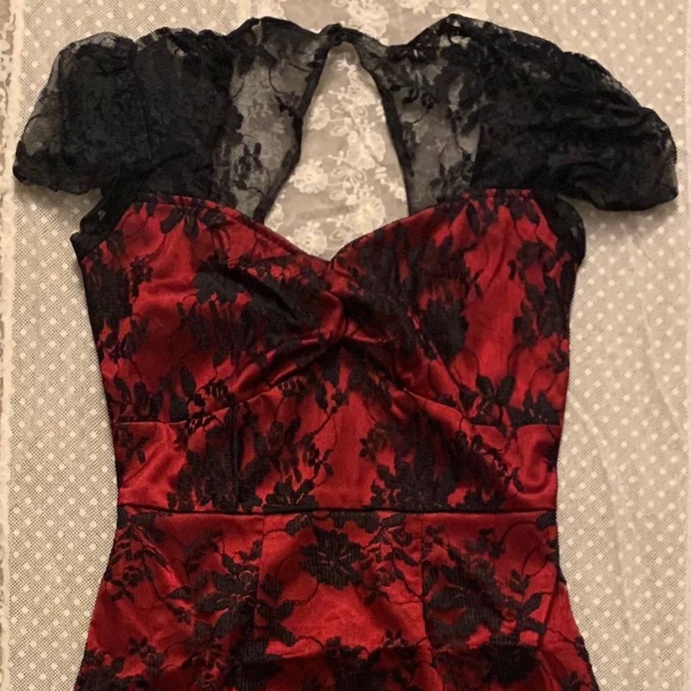 Gorgeous Red & Black Lace Overlay Cocktail Dress